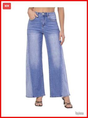 Wide Leg High Waisted Stretchy Straight Baggy Jeans Patchwork Denim Pants